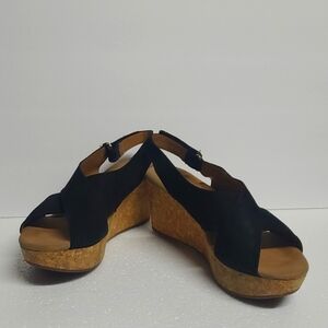 #02—Clarks Collection Womens  Black Sandals - Cork Wedge Heel